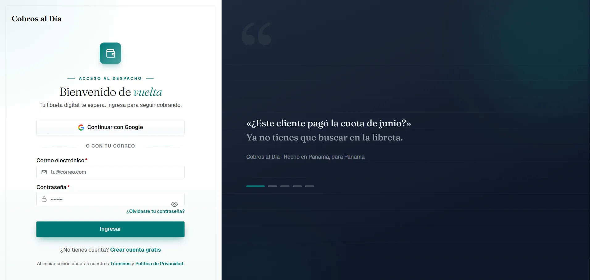 Pantalla de acceso al despacho de Cobros al Día
