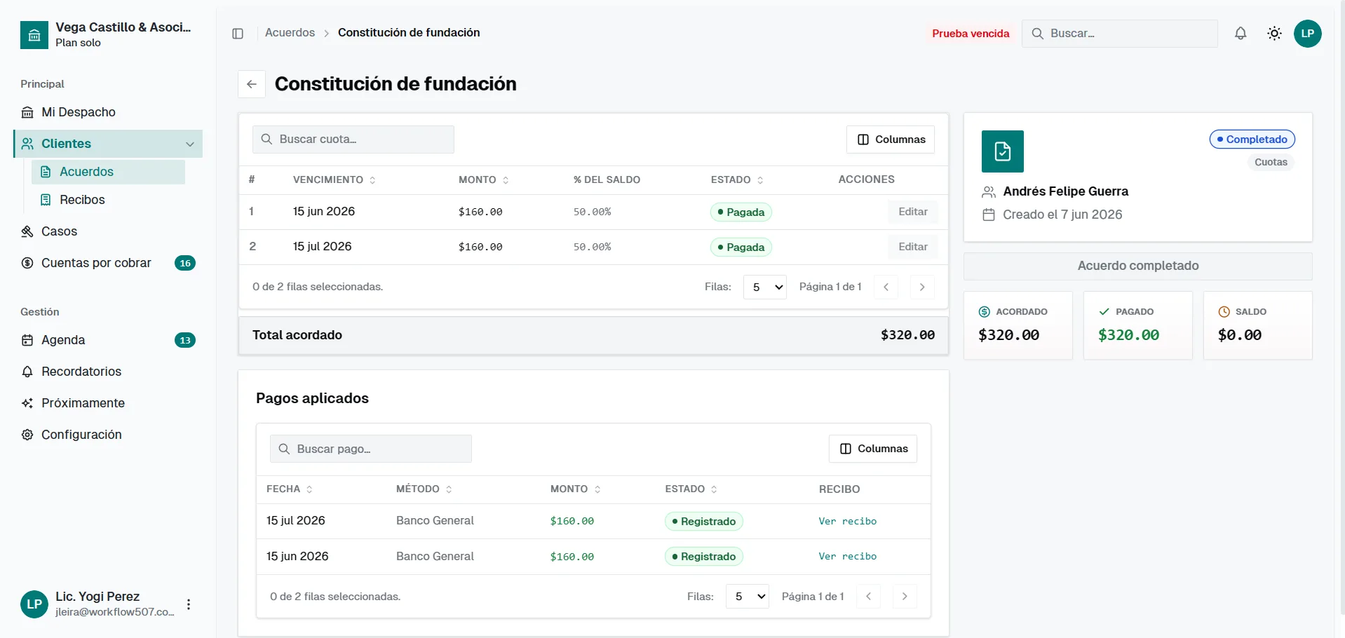 Detalle de acuerdo con cuotas, total acordado y pagos aplicados
