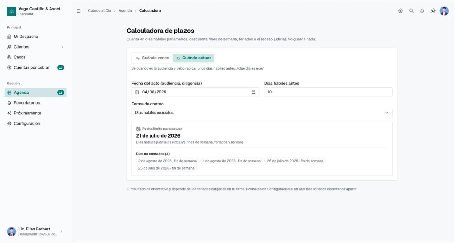 Calculadora de plazos mostrando la fecha límite y los días que no se contaron