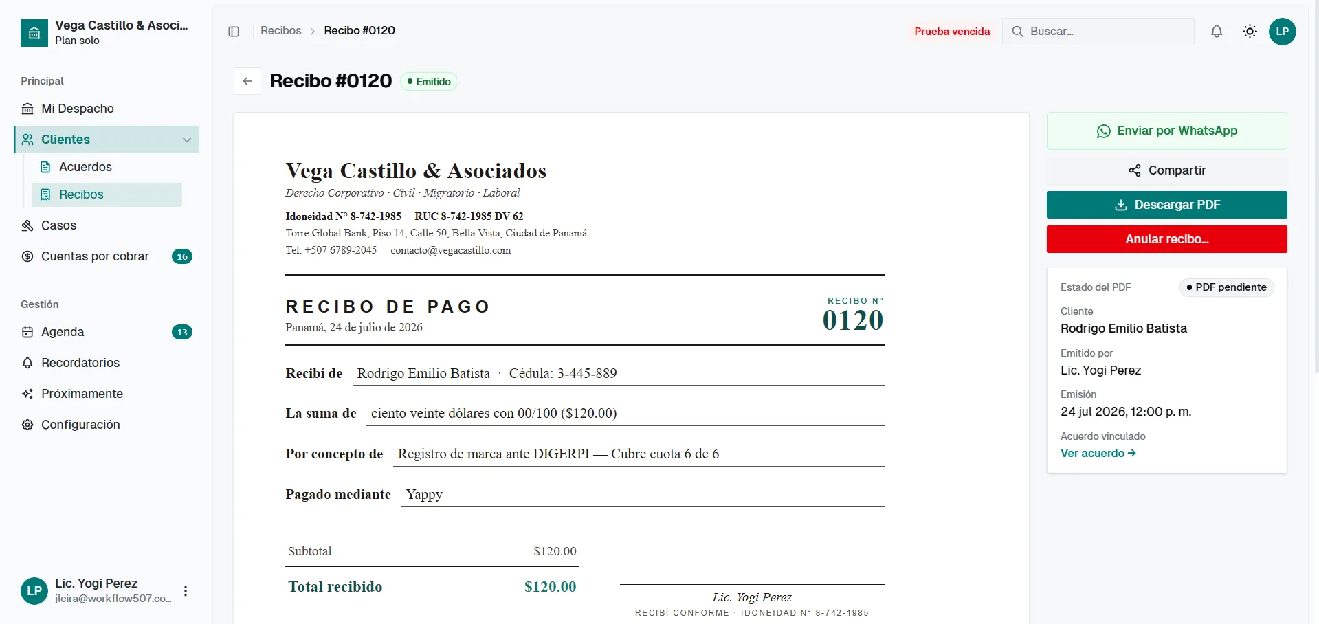 Recibo de pago 0120 emitido con el membrete del despacho y acciones de envío